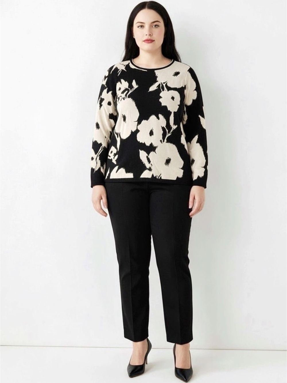 Chico’s Floral Spun Pullover Black White Knit Parisian Sweater Size 2